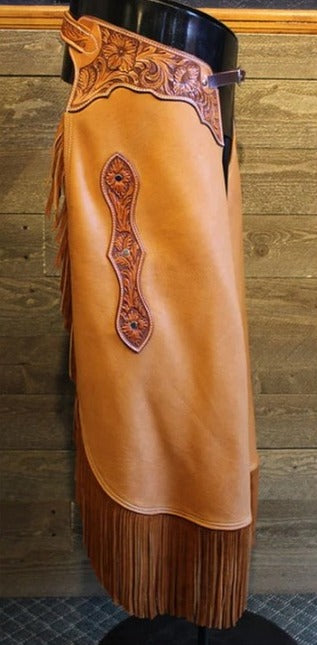 Western Fringes Short Pants Tan Brown Leather Chap Cowboy Tooling Chinks Chap Ranch Wear