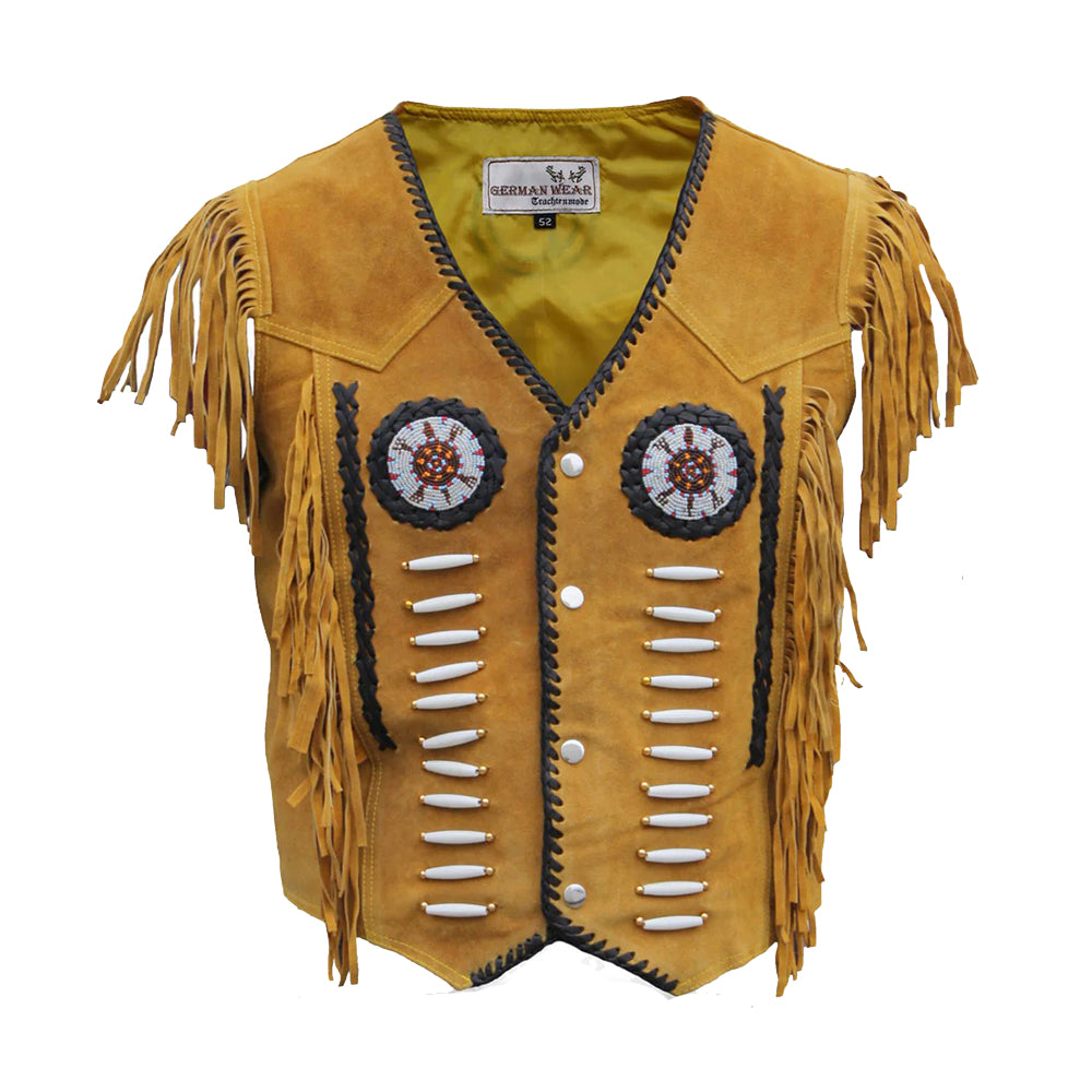 Western Leather Vest Indian Western Carnival Fasching Jacket Color Ocher