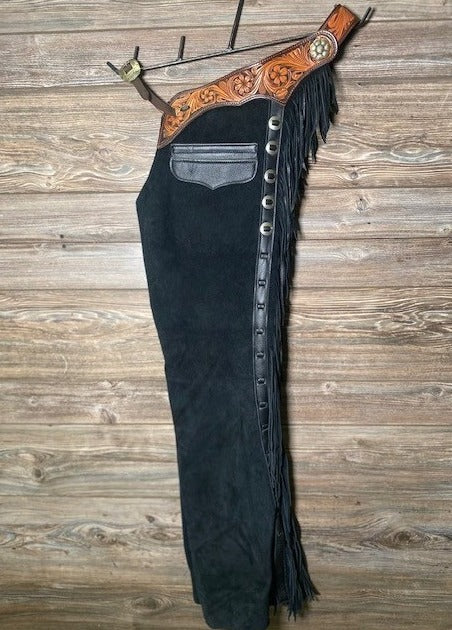 Suede Leather Black Fringes Chinks Chap Cowboy Horse Riding Chaps Ranch Wear Legging