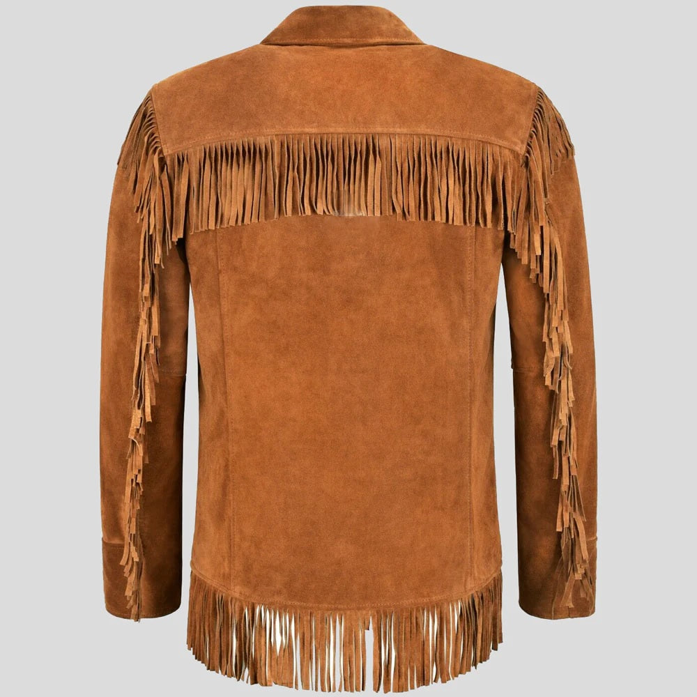 Mens Tan Classic Western Fringe Real Suede Jacket