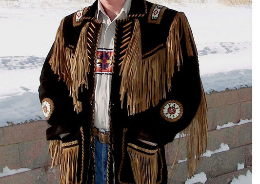 Handmade Suede Black Braided Beads Mens Western Jacket