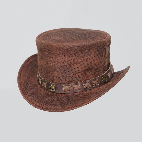 Distress Brown Crockodile Plated Leather Steampunk Top Hat Braided Conchu Band