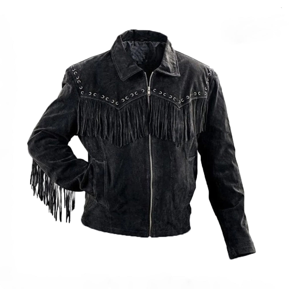 Men Handmade Black Western Real Leather Jacket Fringed