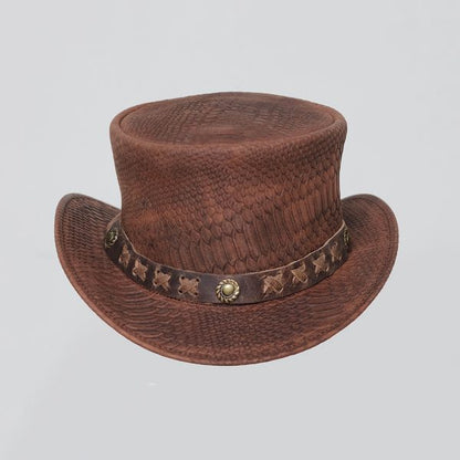 Distress Brown Crockodile Plated Leather Steampunk Top Hat Braided Conchu Band