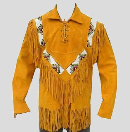 Western Men Cowboy Suede Jacket Tan with Fringes