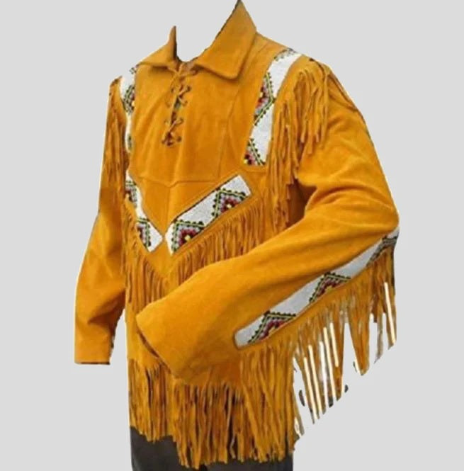 Western Men Cowboy Suede Jacket Tan with Fringes