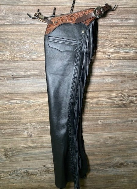 Western Pants Black Leather Chap Cowboy Fringes Chinks Chap Equestrian Ranch Wear