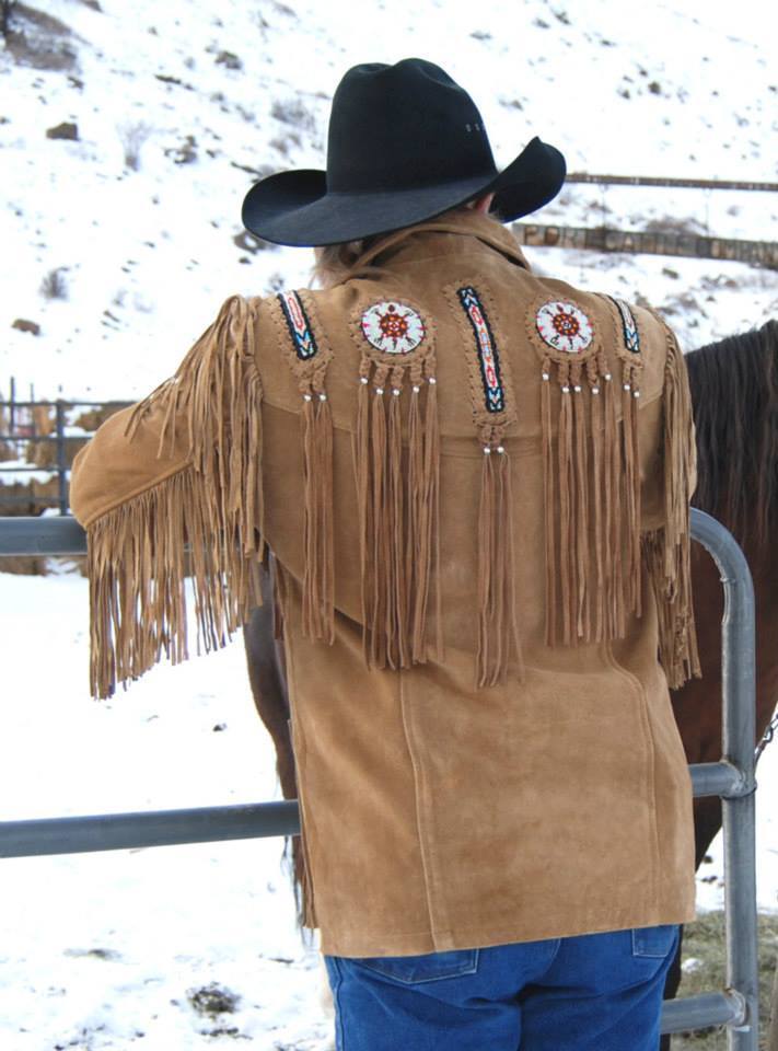 Handmade Suede Dark Beige Braided Beads Mens Western Jacket