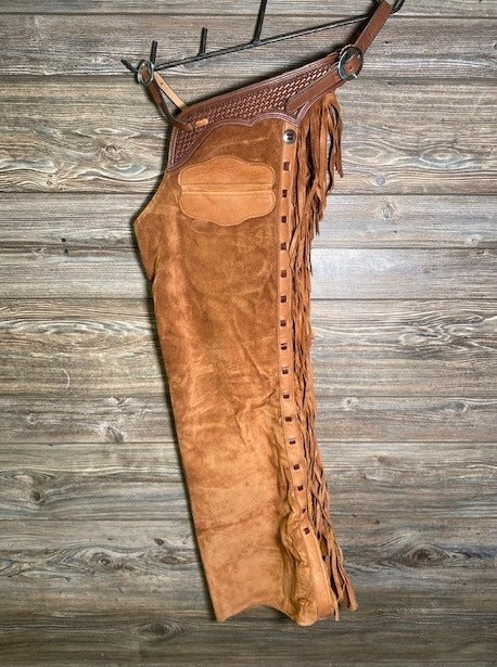 Suede Leather Fringes Tan Brown Chap Cowboy Legging Ranch Wear Chinks Chaps