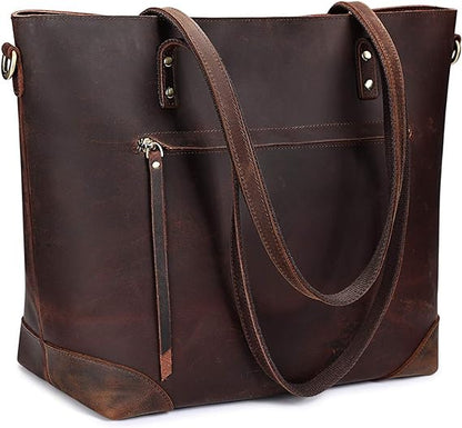 Vintage Genuine Leather Shoulder Bag Work Totes for Women Purse Handbag with Back Zipper Pocket Large