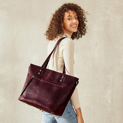 Vintage Genuine Leather Shoulder Bag Work Totes for Women Purse Handbag with Back Zipper Pocket Large