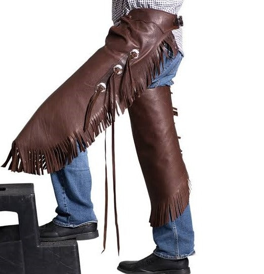 Equestrian Brown Leather Fringes Chap Cowboy Chinks Chap Ranch Wear Horse Riding Tooling Chap