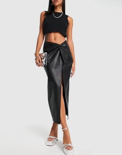 Women Leather Look Midi Skirt