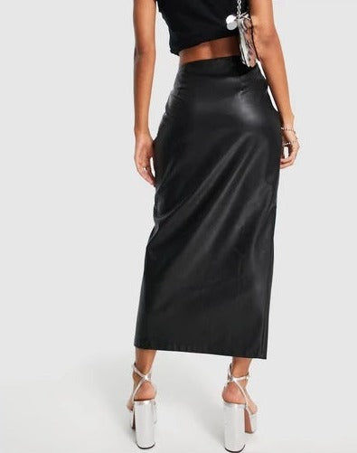 Women Leather Look Midi Skirt