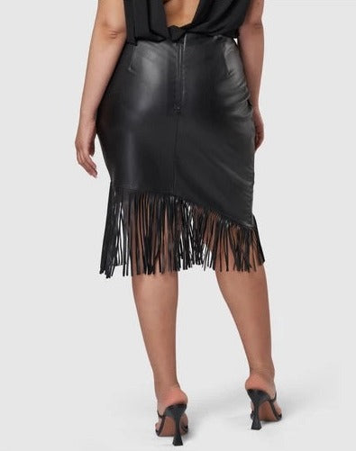 Women Leather Pucker Up PU Fringe Skirt