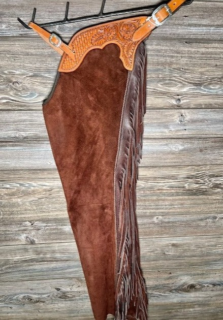 Equestrian Suede Leather Reddish Marron Chap Cowboy Horse Riding Chap Tooling Yoke Pant