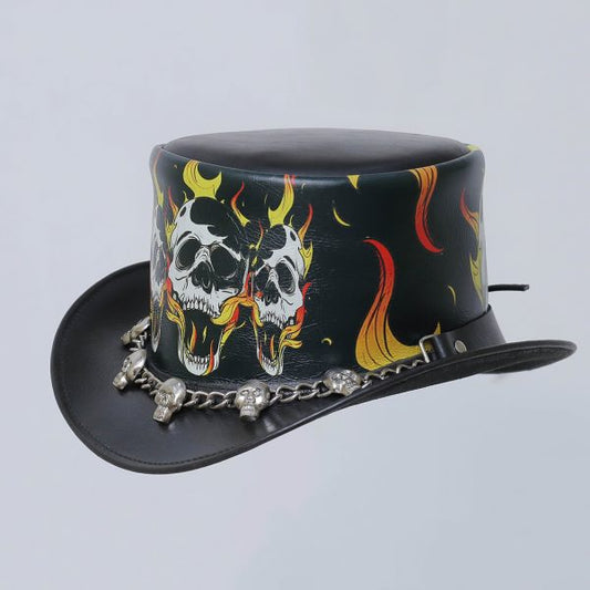 New Classic Leather Black Steampunk Skull Band Top Hat