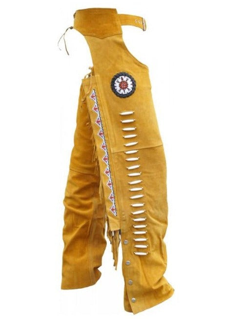 Golden Suede Leather Chap Cowboy Fringes Chinks Chap Ranch Wear Legging Equestrian