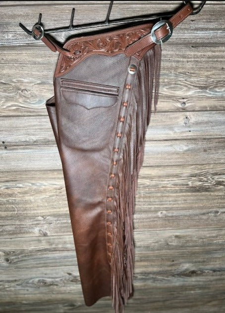 Distress Brown Leather Tooling Fringes Chap Western Chap Cowboy Chinks Chaps Rodeo Chaps