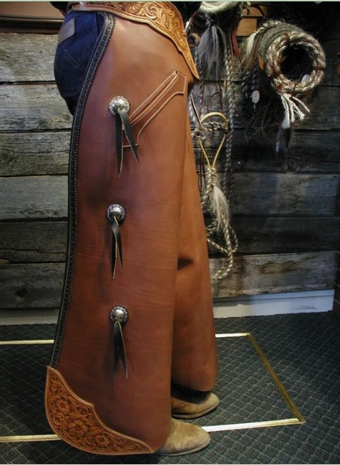 Equestrian Brown Leather Fringes Chap Cowboy Chinks Chap Ranch Wear Horse Riding Tooling Chap