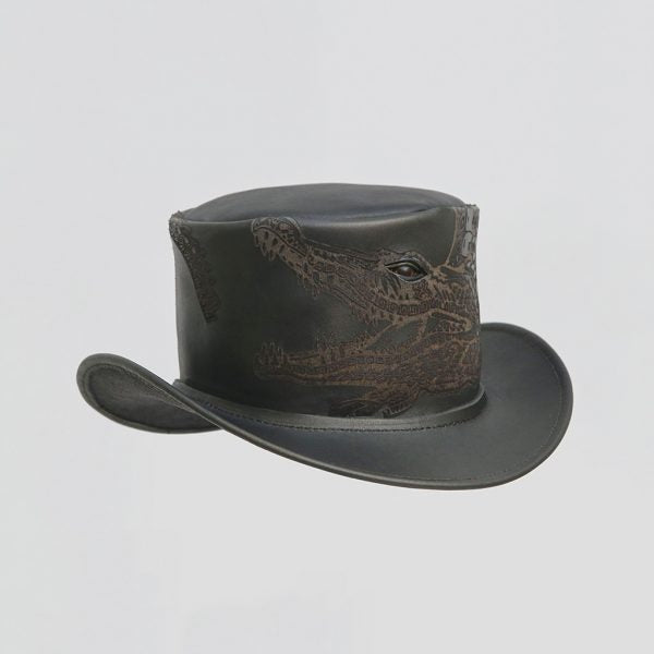 Crockodile Engraving Brown Leather Real Eye Style Steampunk Top Hat