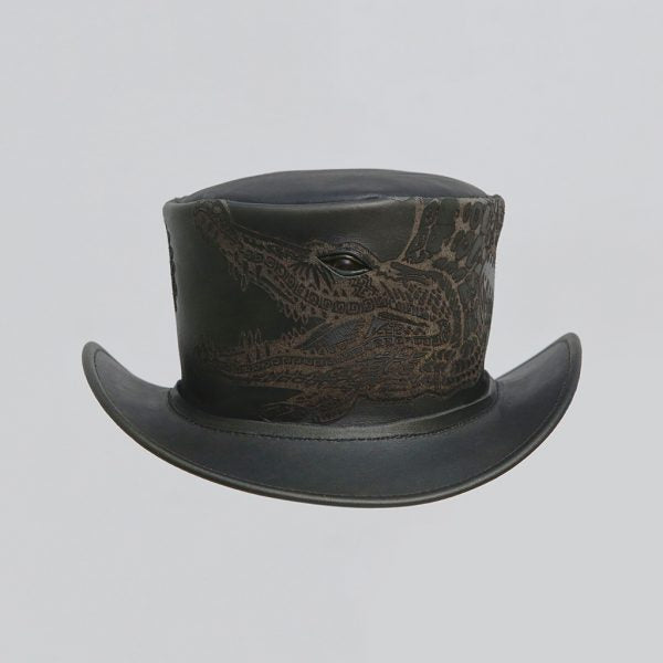 Crockodile Engraving Brown Leather Real Eye Style Steampunk Top Hat