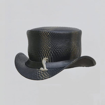 King Cobra Plated Wax Leather Snake Snap Steampunk Leather Top Hat MC Biker Hat