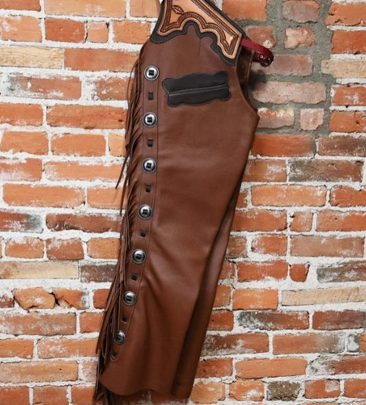 Equestrian Brown Leather Fringes Chap Cowboy Chinks Chap Ranch Wear Horse Riding Tooling Chap