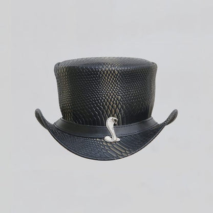 King Cobra Plated Wax Leather Snake Snap Steampunk Leather Top Hat MC Biker Hat