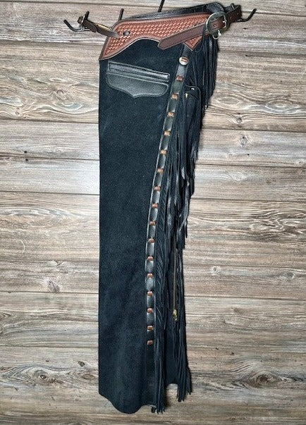 Black Suede Leather Tooling Fringes Chap Western Chap Cowboy Chinks Chaps