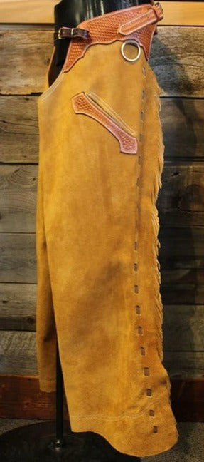 Golden Suede Leather Chap Cowboy Fringes Chinks Chap Ranch Wear Legging Equestrian