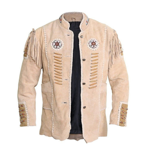 Handmade Suede Beige Braided Beads Mens Western Jacket