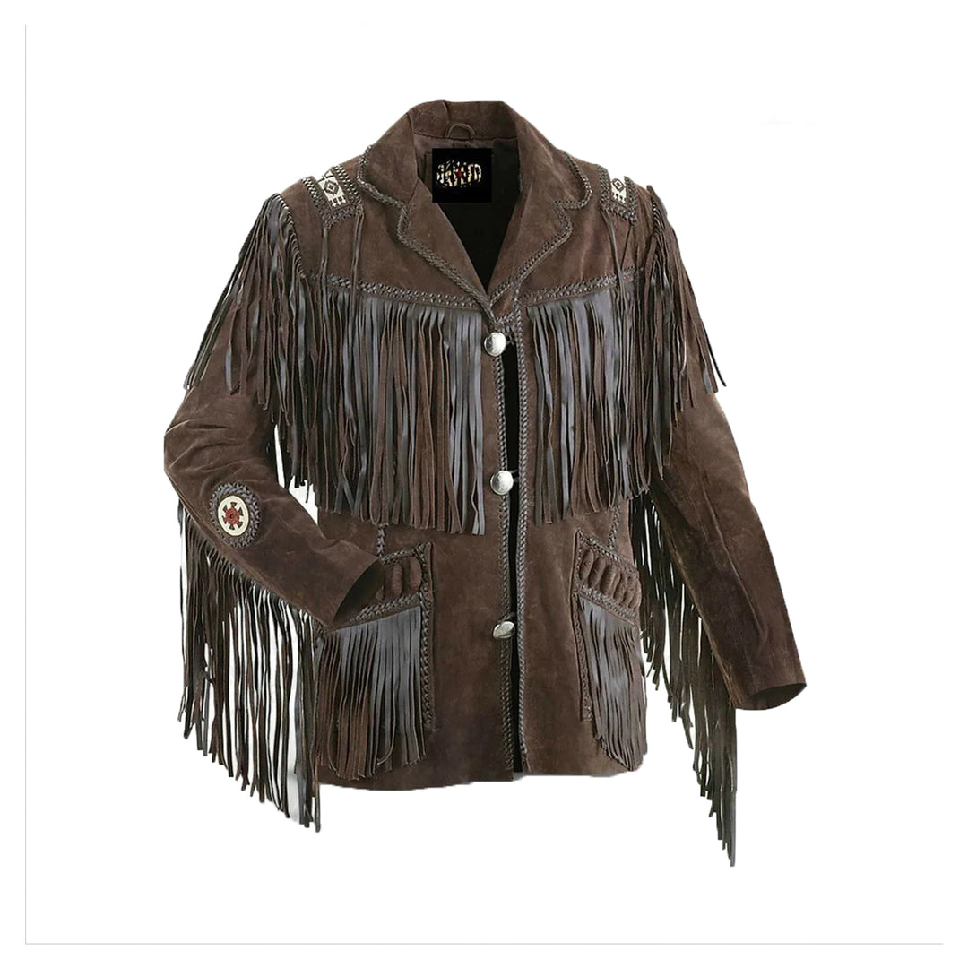 Men's Traditional Western Cowboy Leather Jacket Coat with Fringe Bones and Beads