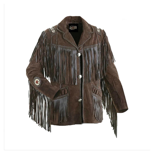 Men's Traditional Western Leather Coat with Fringe Bones and Beads