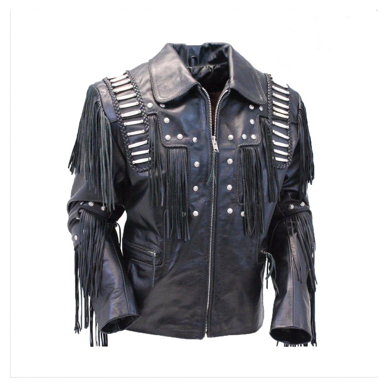 Traditional Mens Western Leather cowboy Jacket Coat With Fringe Bones and Beads