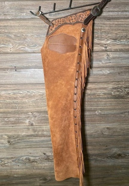 Tan Brown Suede Leather Chap Tooling Yoke Cowboy Fringes Chinks Chap Ranch Wear Legging