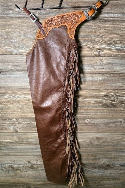 Dark Brown Leather Chap Fringes Cowboy Chinks Chaps Tooling Yoke Legging