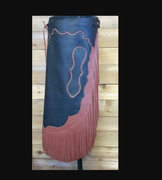 Black & Brown Leather Fringes Short Chap Western Chap Cowboy Horse Riding Chinks Chaps