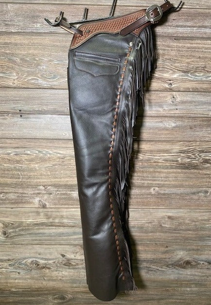 Black Leather Tooling Fringes Chap Western Chap Cowboy Chinks Chaps