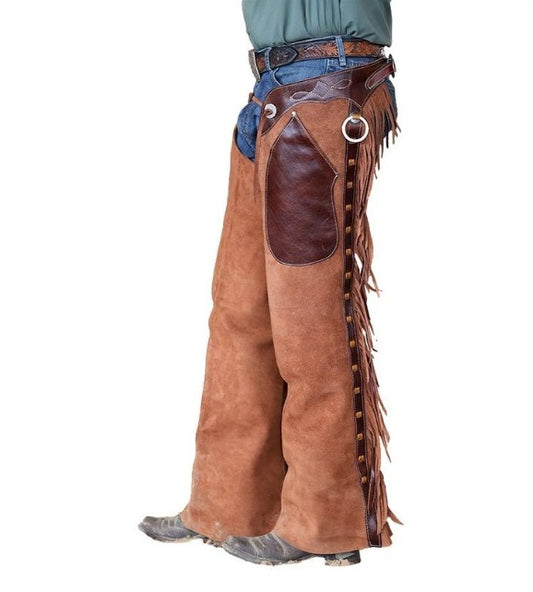Suede Leather Tan Brown Fringes Chinks Chap Cowboy Horse Riding Chaps Ranch Wear Legging