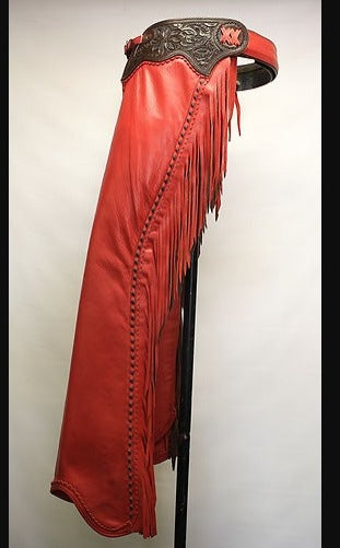 Red Leather Chap Cowboy Fringes Chinks Chap Ranch Wear Legging Equestrian Tooling Yoke
