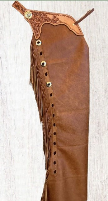 Equestrian Brown Leather Fringes Chap Cowboy Chinks Chap Ranch Wear Horse Riding Tooling Chap