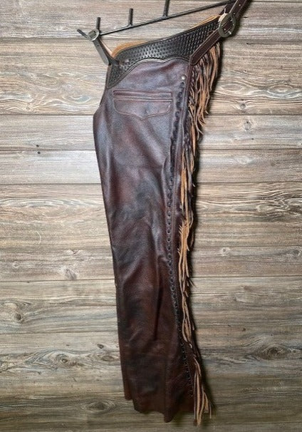 Distress Brown Leather Tooling Fringes Chap Western Chap Cowboy Chinks Chaps