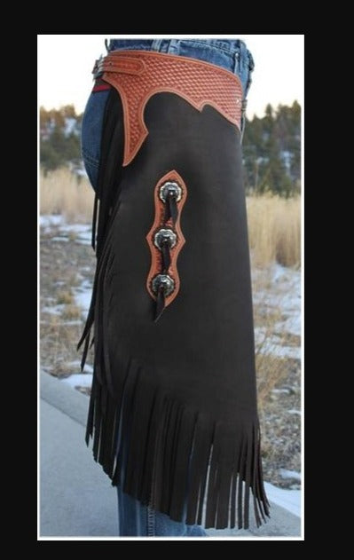 Leather Black Fringes Chinks Chap Cowboy Horse Riding Chaps Ranch Wear Legging