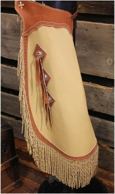 Fringes Leather Beige & Brown Chap Cowboy Legging Ranch Wear Chinks Chaps Horse Riding Pants