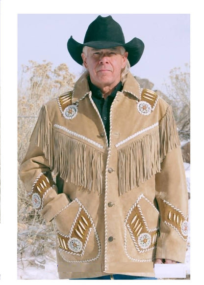 Handmade Suede Beige Braided Beads Mens Western Jacket