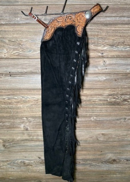 Black Suede Leather Tooling Fringes Chap Western Chap Cowboy Chinks Chaps