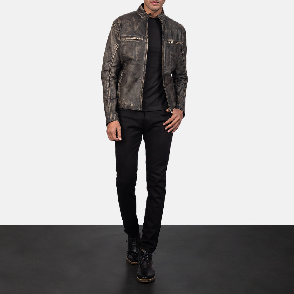 Ionic Distressed Brown Leather Biker Jacket