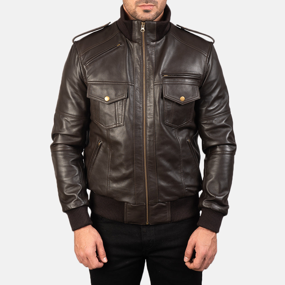 Agent Shadow Brown Leather Bomber Jacket