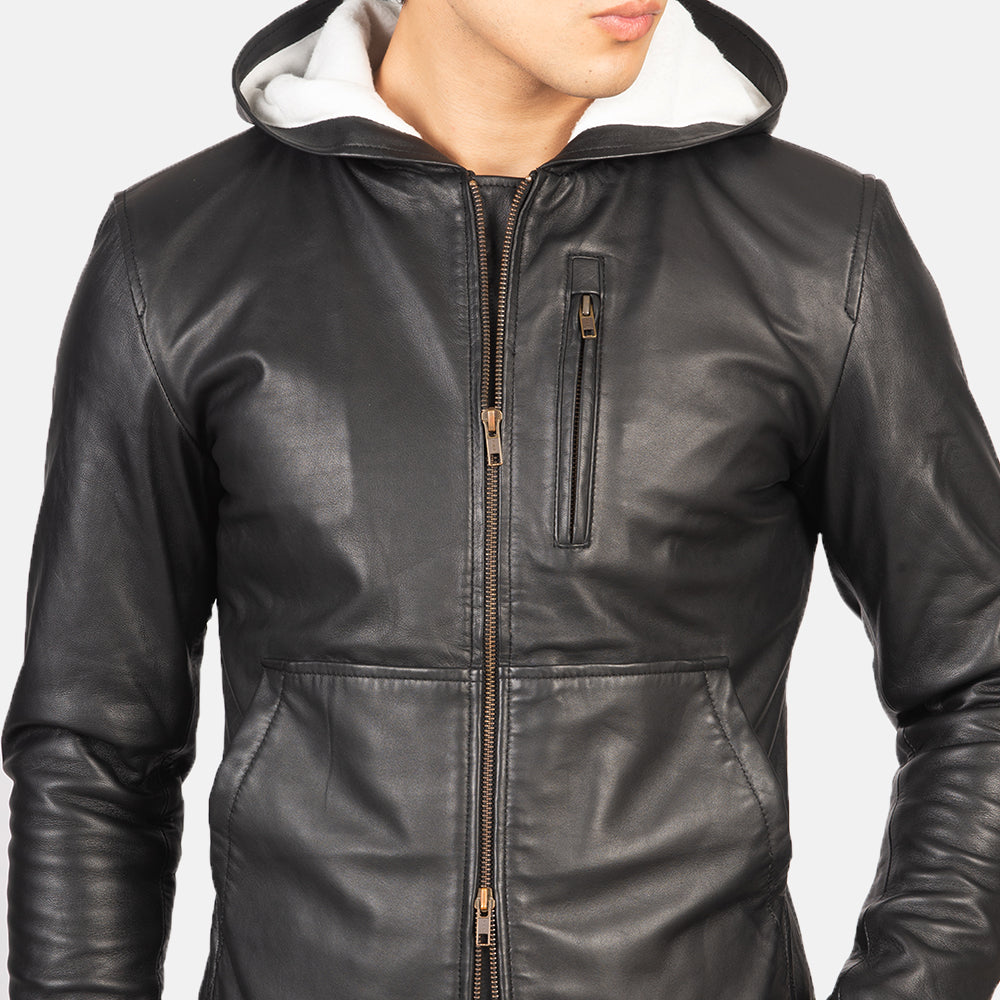 Baston Black Hooded Leather Bomber Jacket